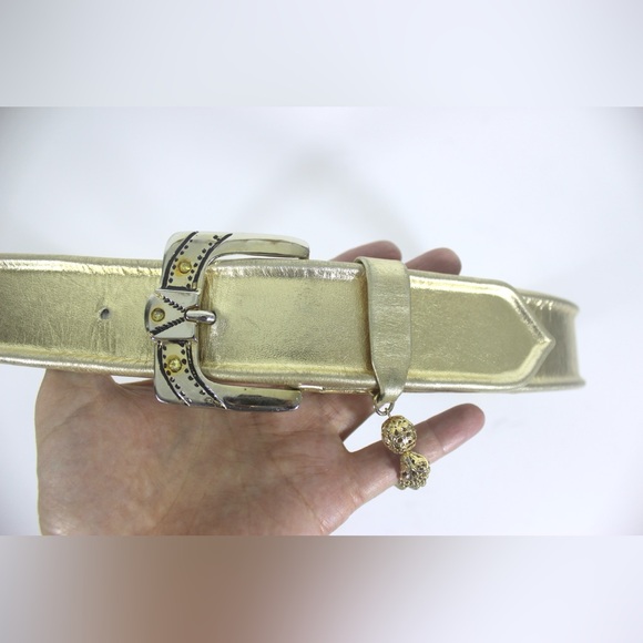 Eighties Gold Lamé Leather Belt with Gold Chain Tassel and Rhinestone Buckle - Picture 5 of 8